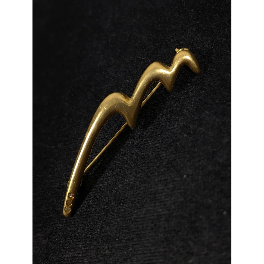 Vintage Gold Tone Matte Abstract Brooch 3 Rhinestone Modernist Pin Scribble